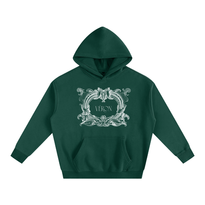 Green hoodie with decorative emblem and 'VERON' text on a white background