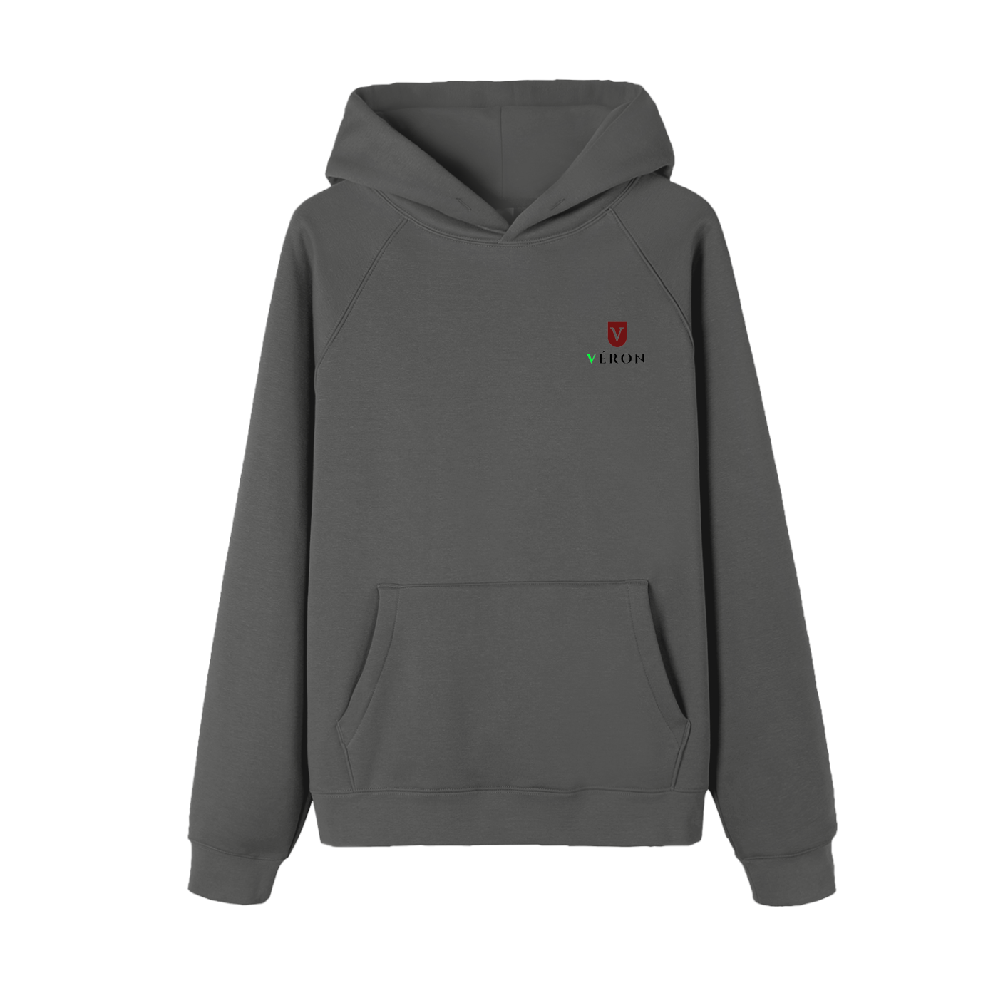 VERON Gray hoodie with a small logo on the chest against a white background