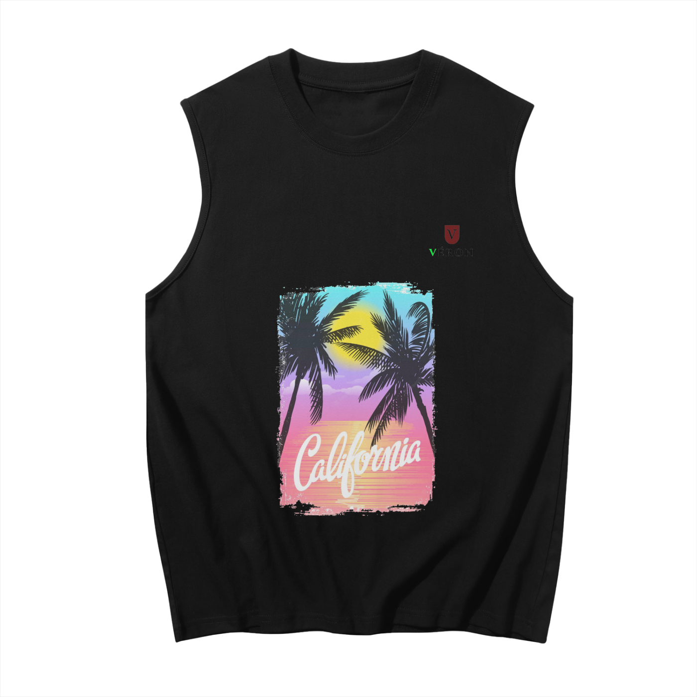 Black sleeveless shirt with a colorful 'California' design featuring palm trees on a white background.