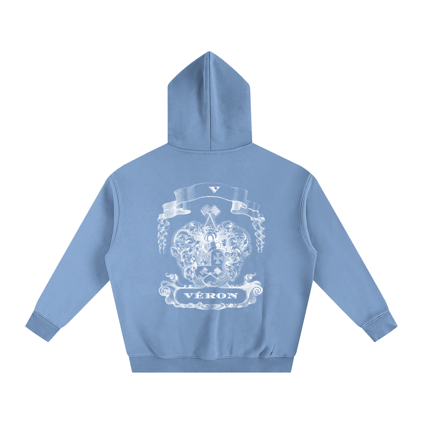 Light blue hoodie with a white emblem and 'VERON' text on the back against a white background