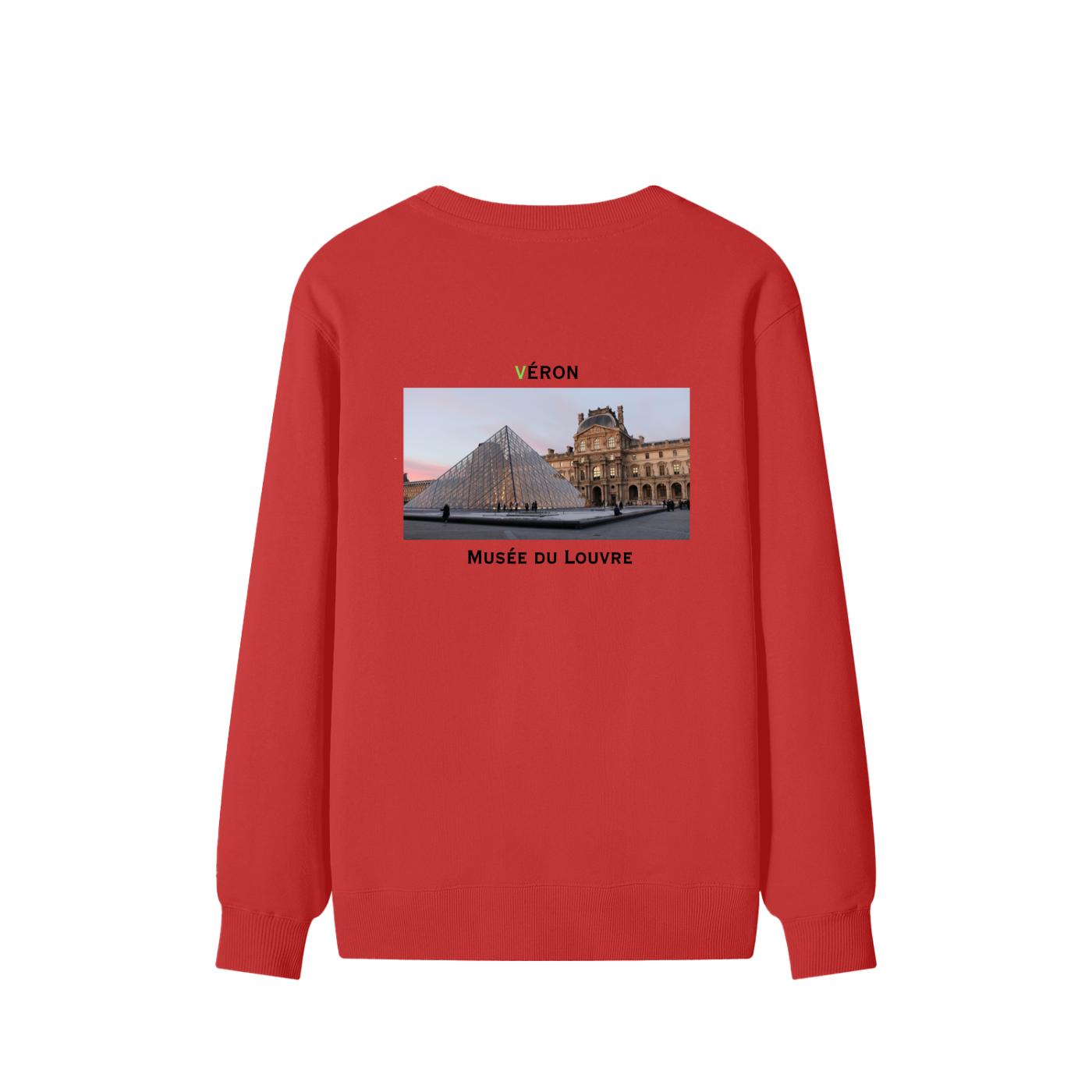 Red sweatshirt with a graphic of the Louvre Museum on the back