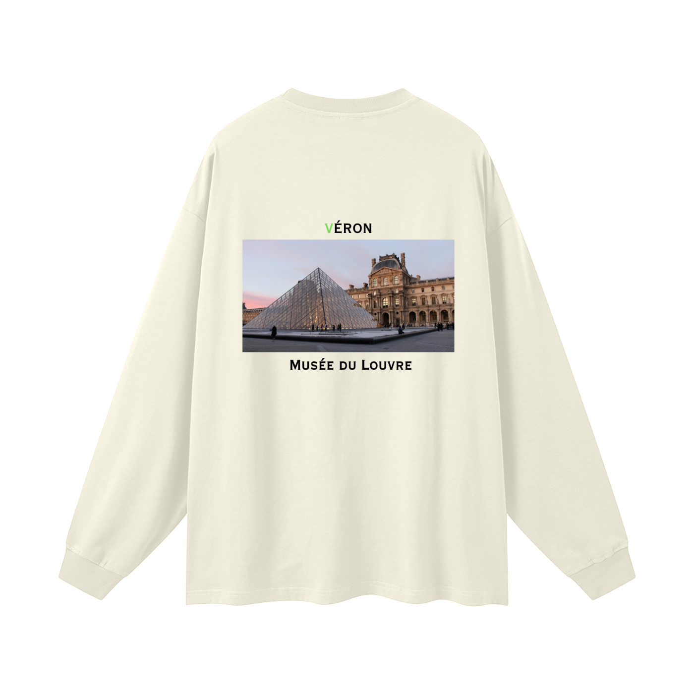 Beige long-sleeve shirt with a graphic of the Louvre Museum on the back.