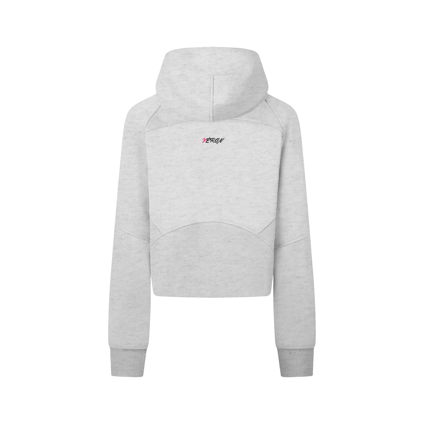 Gray hoodie with a brand logo on the back against a white background