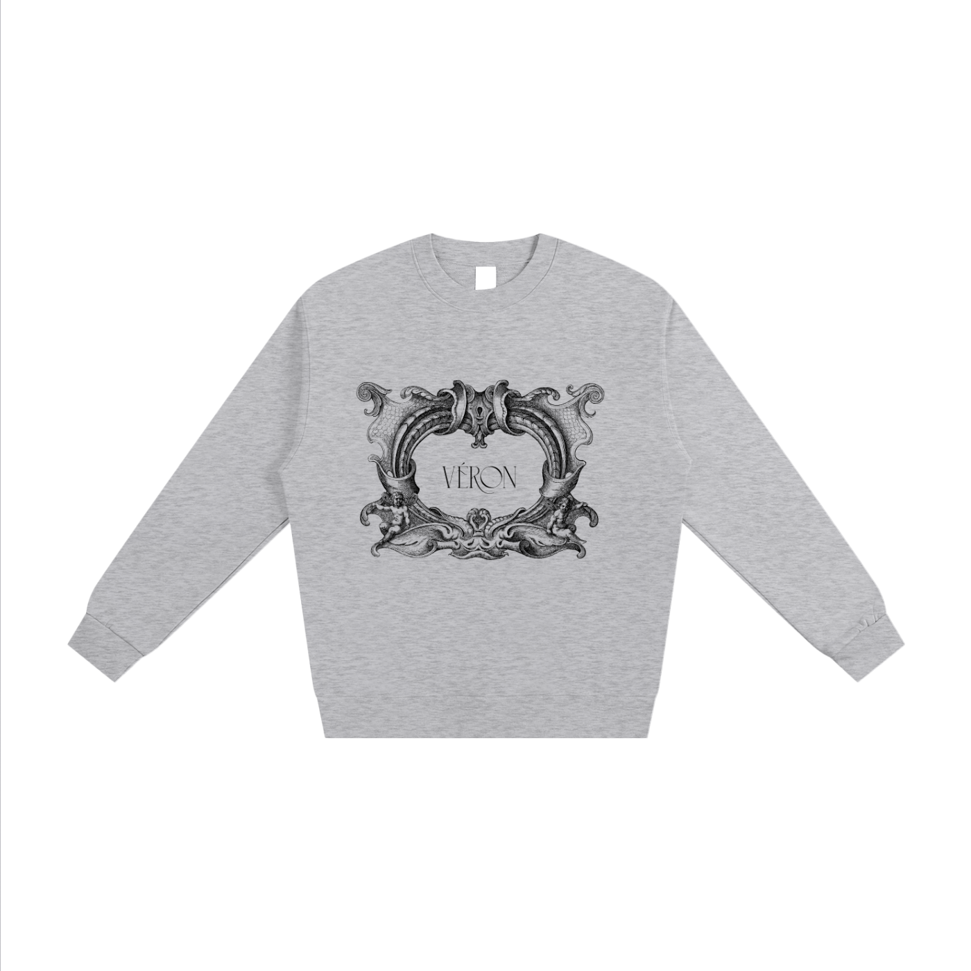 Gray sweatshirt with decorative black emblem and 'VERON' text on a white background
