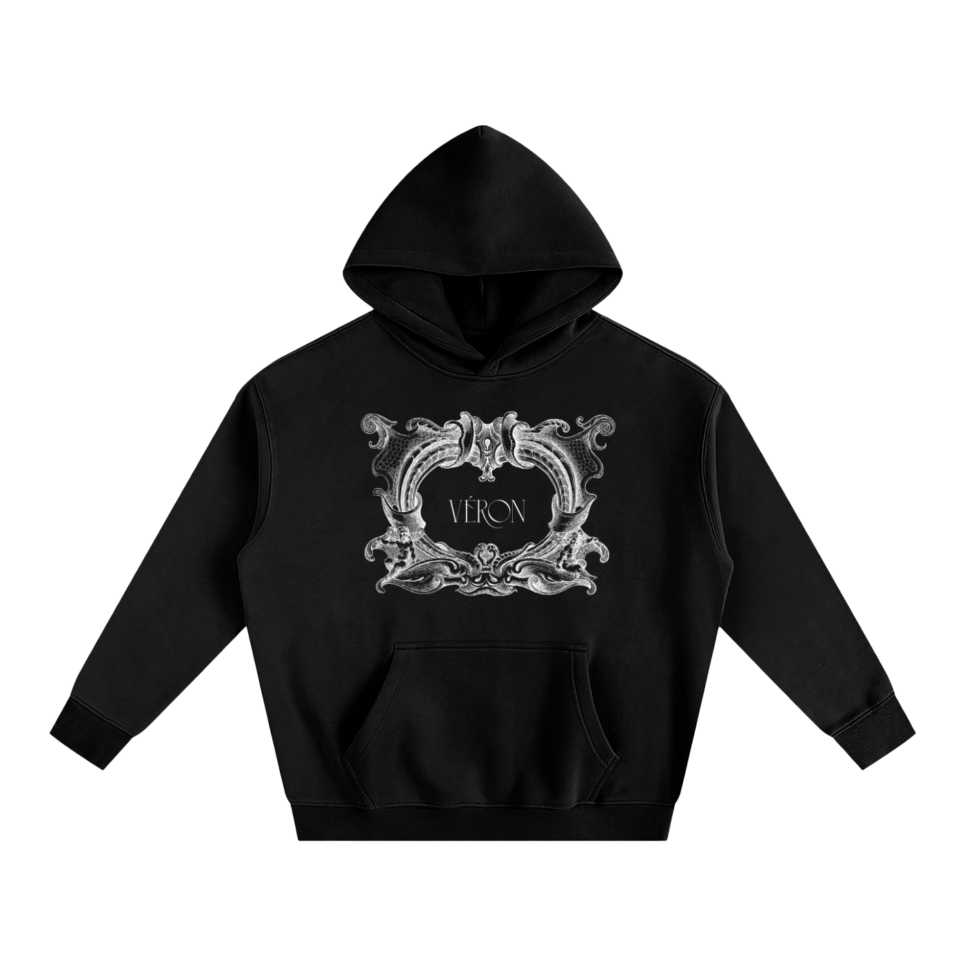Black hoodie with decorative emblem and 'VERON' text on a white background