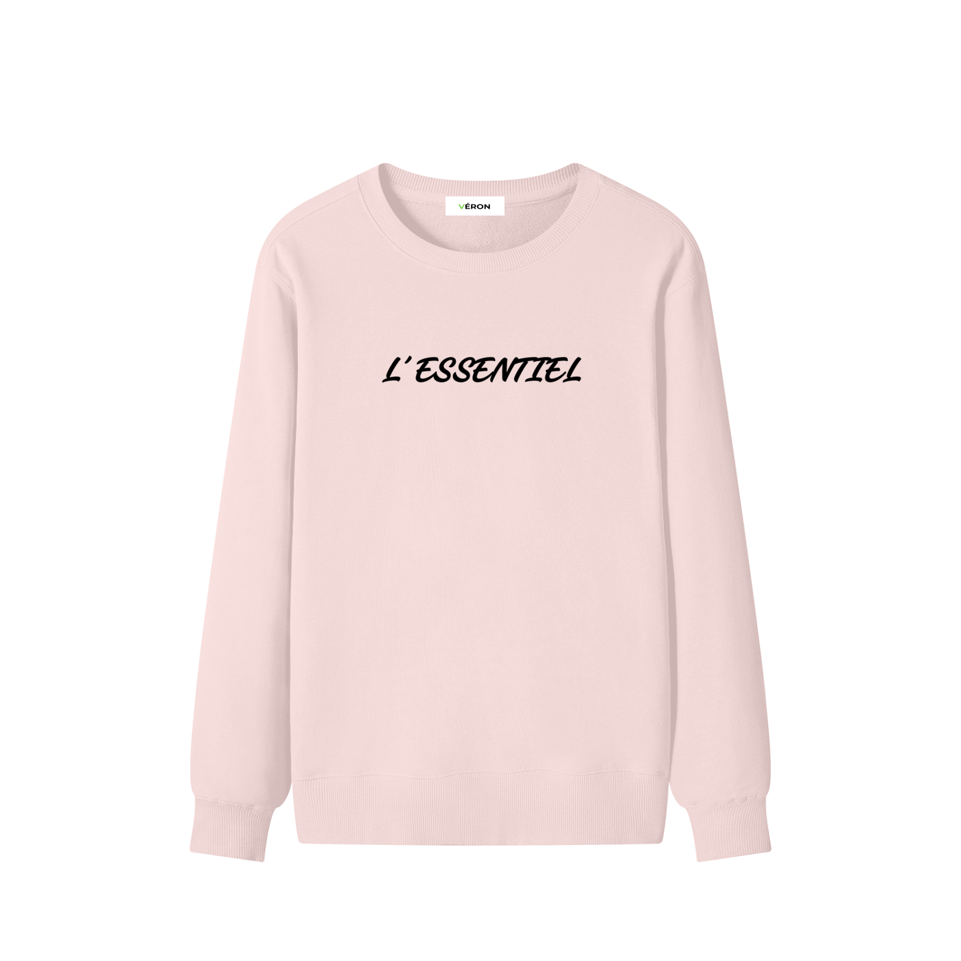 Pink sweatshirt with 'L'ESSENTIEL' text on a white background