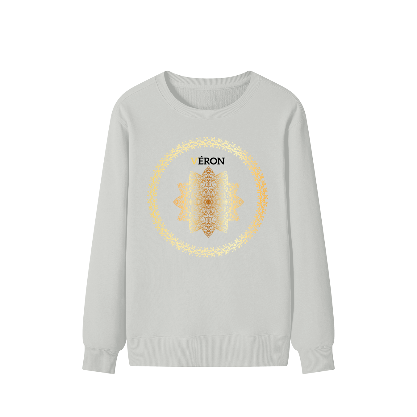 Gray sweatshirt with a circular design and 'VERON' text on a white background