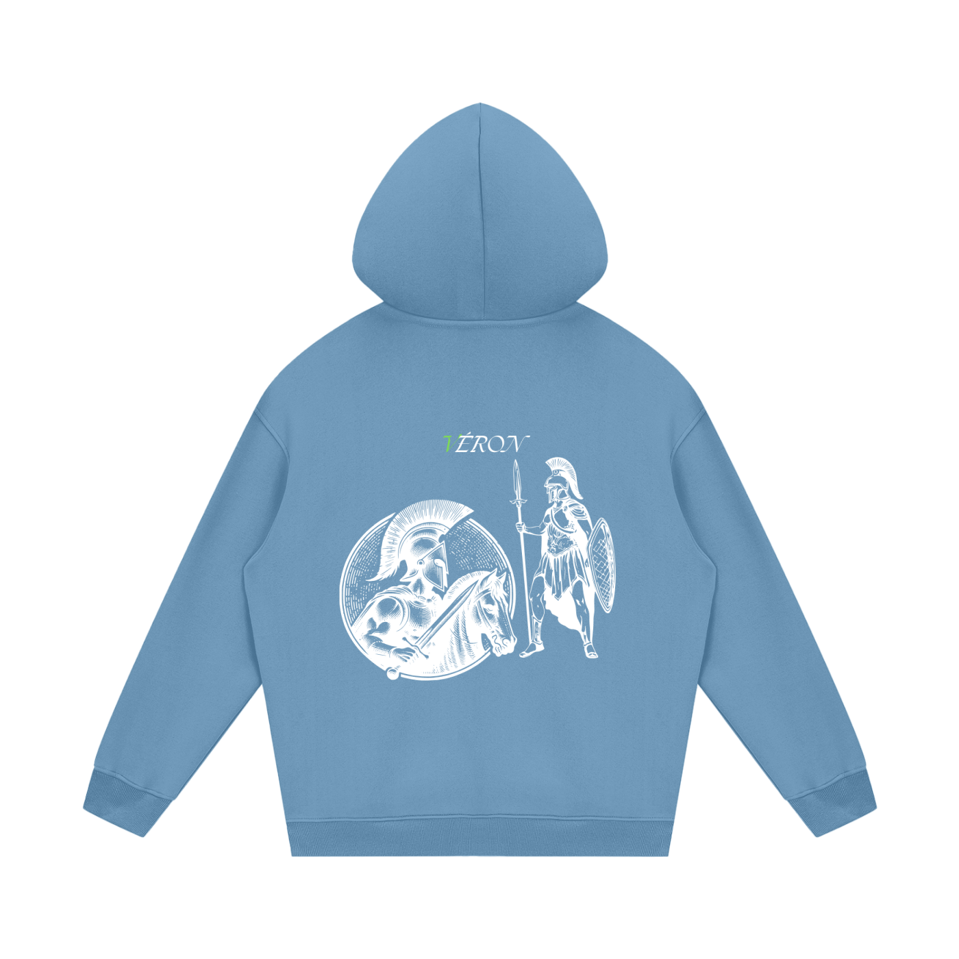VERON Blue hoodie with white graphics on a white background