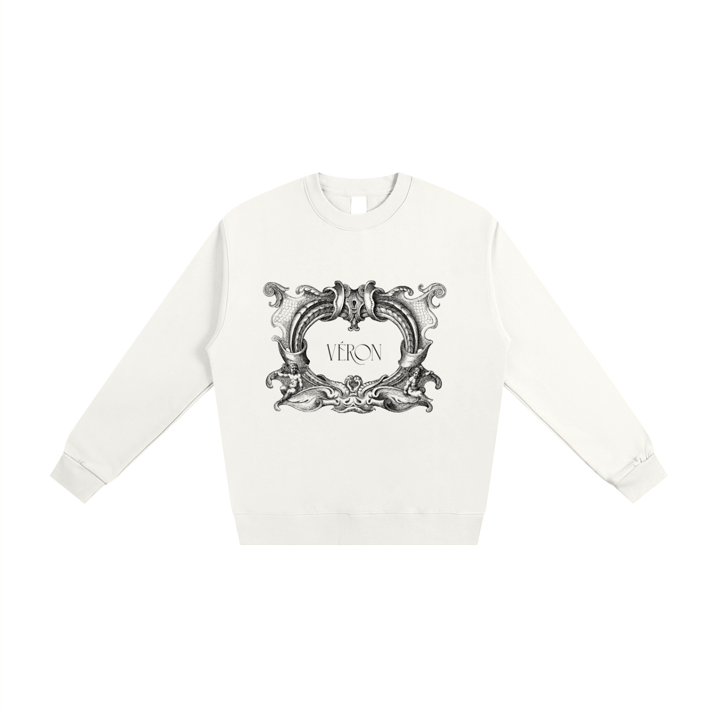 White sweatshirt with decorative emblem and 'VERON' text on a white background