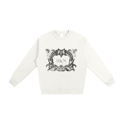 White sweatshirt with decorative emblem and 'VERON' text on a white background