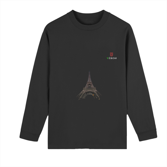 Black long-sleeve shirt with Eiffel Tower design and 'VERON' logo on a white background