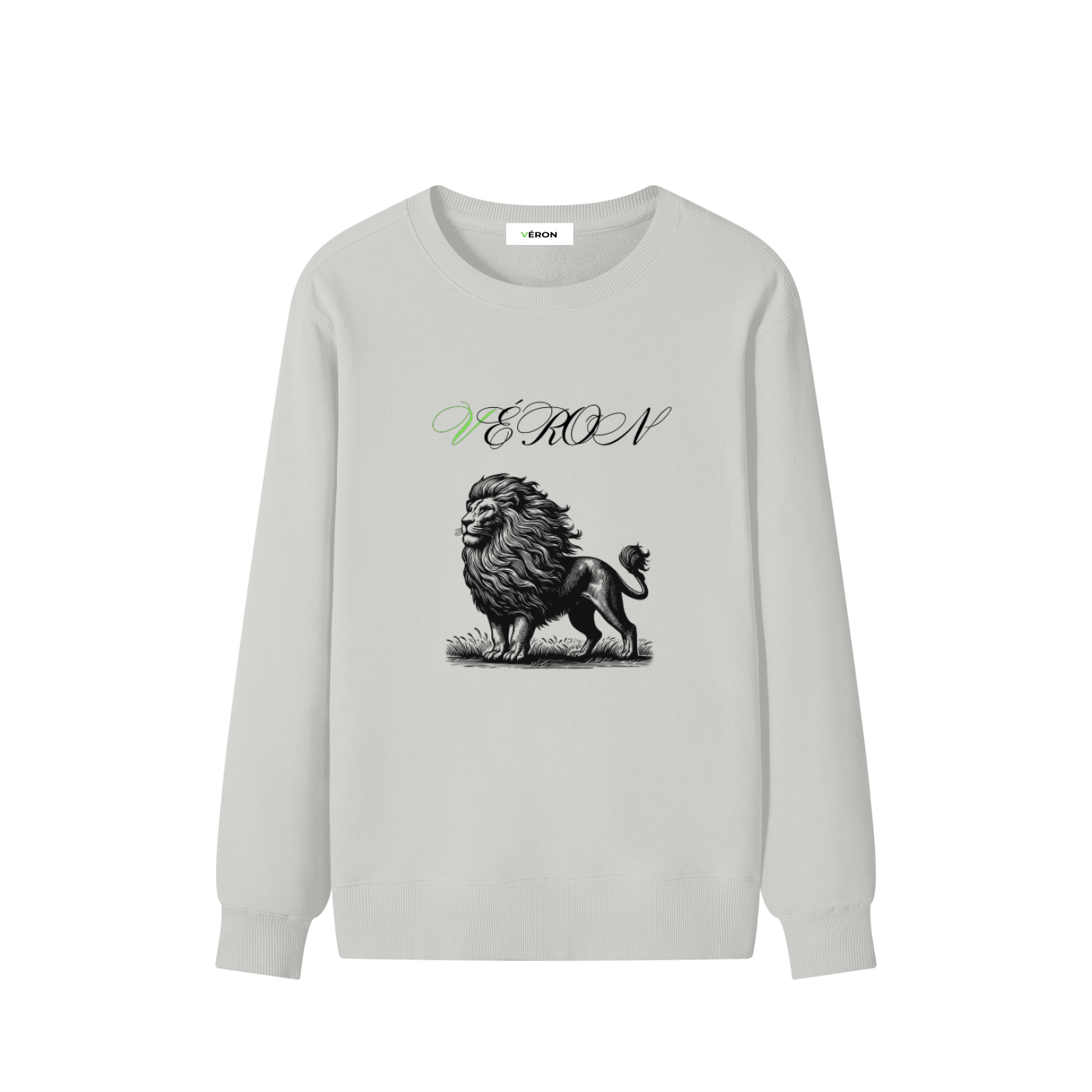 Gray sweatshirt with a lion graphic and 'Eron' text on a white background