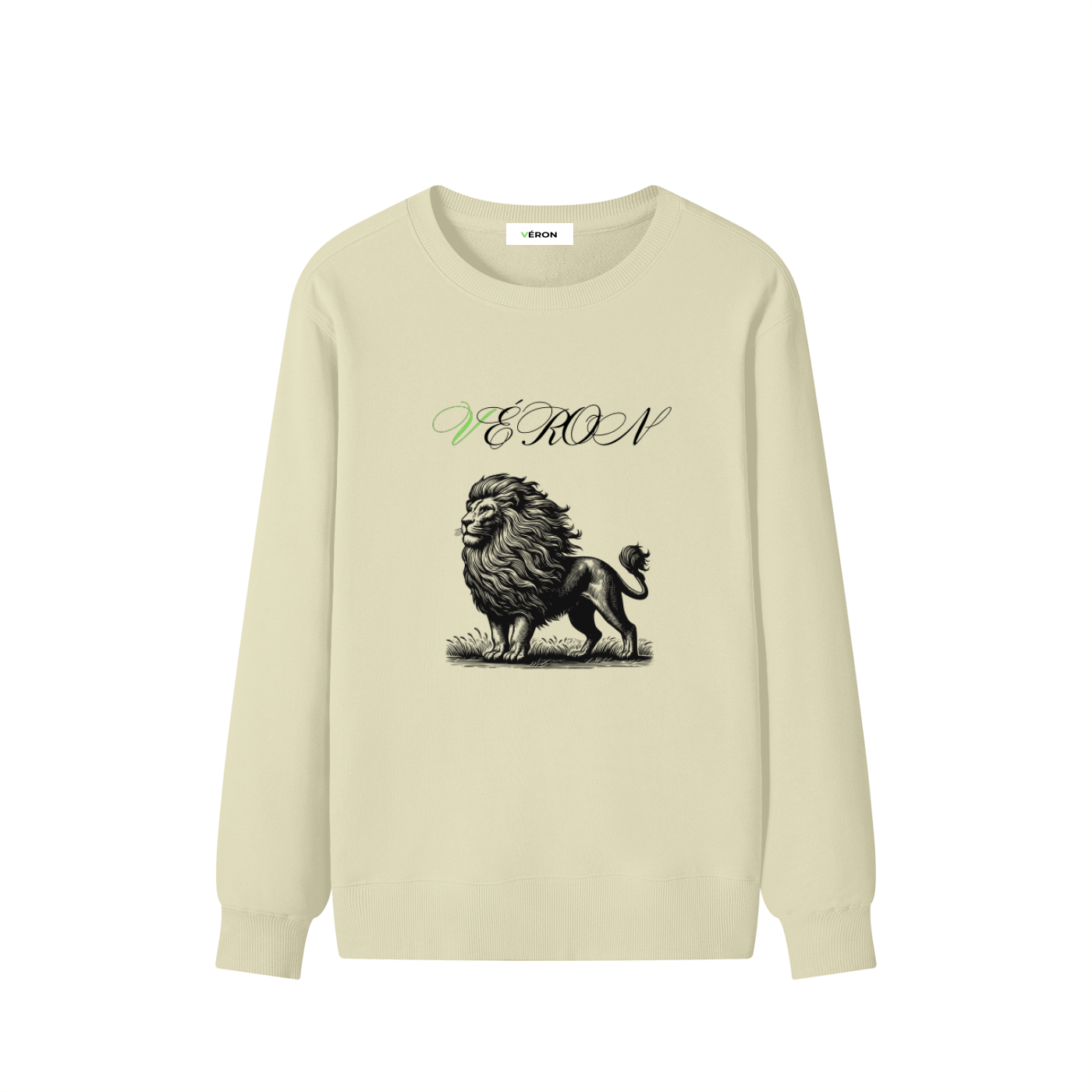 Beige sweatshirt with a lion graphic and 'VEron' text on a white background
