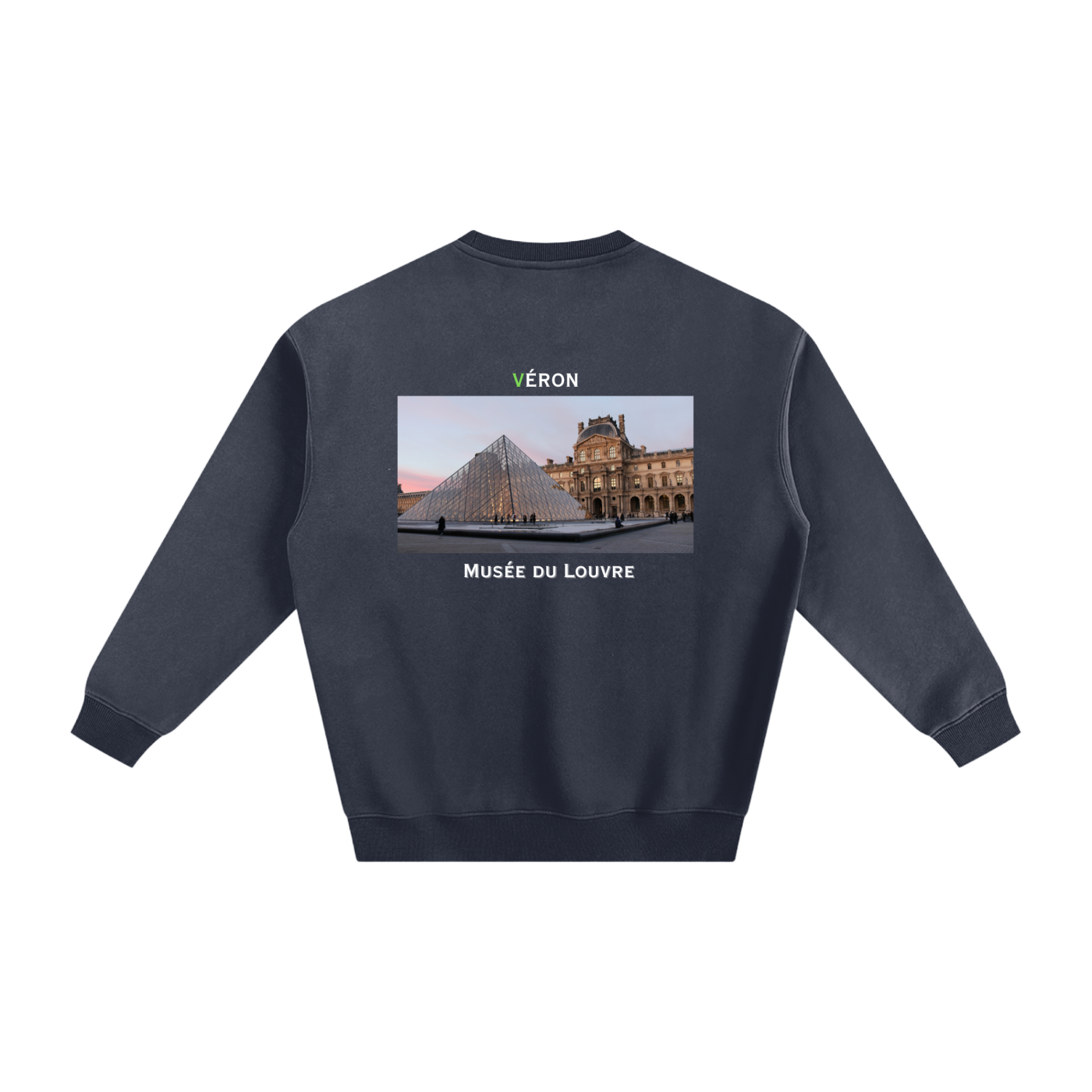 Navy blue sweatshirt with a graphic of the Louvre Museum on the back