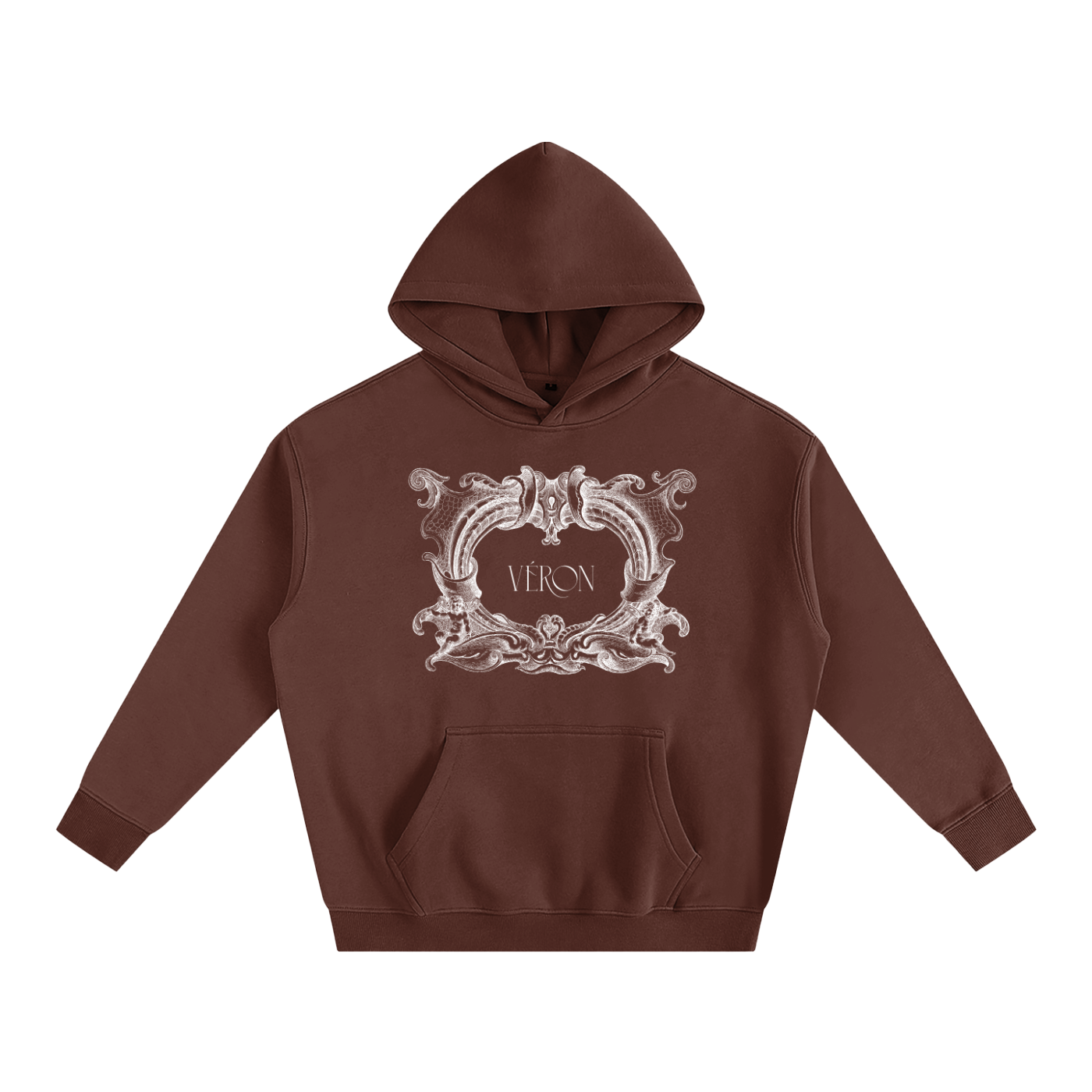Brown hoodie with decorative emblem and 'VERON' text on a white background