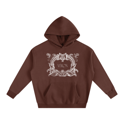 Brown hoodie with decorative emblem and 'VERON' text on a white background