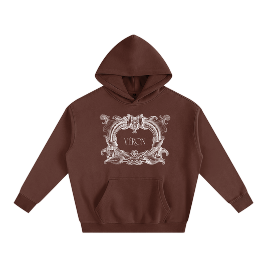 Brown hoodie with decorative emblem and 'VERON' text on a white background