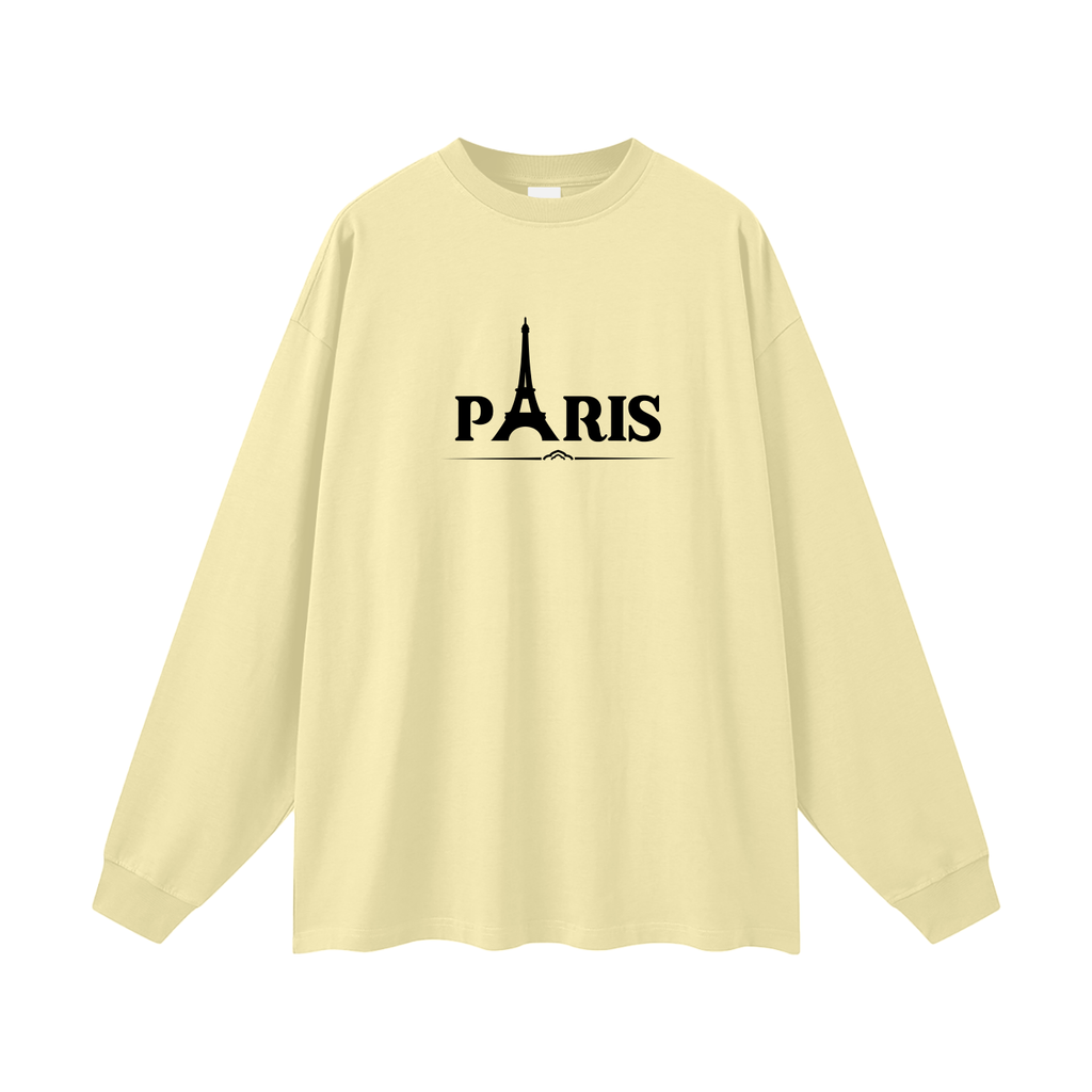 Beige long-sleeve shirt with 'PARIS' and Eiffel Tower design on a white background