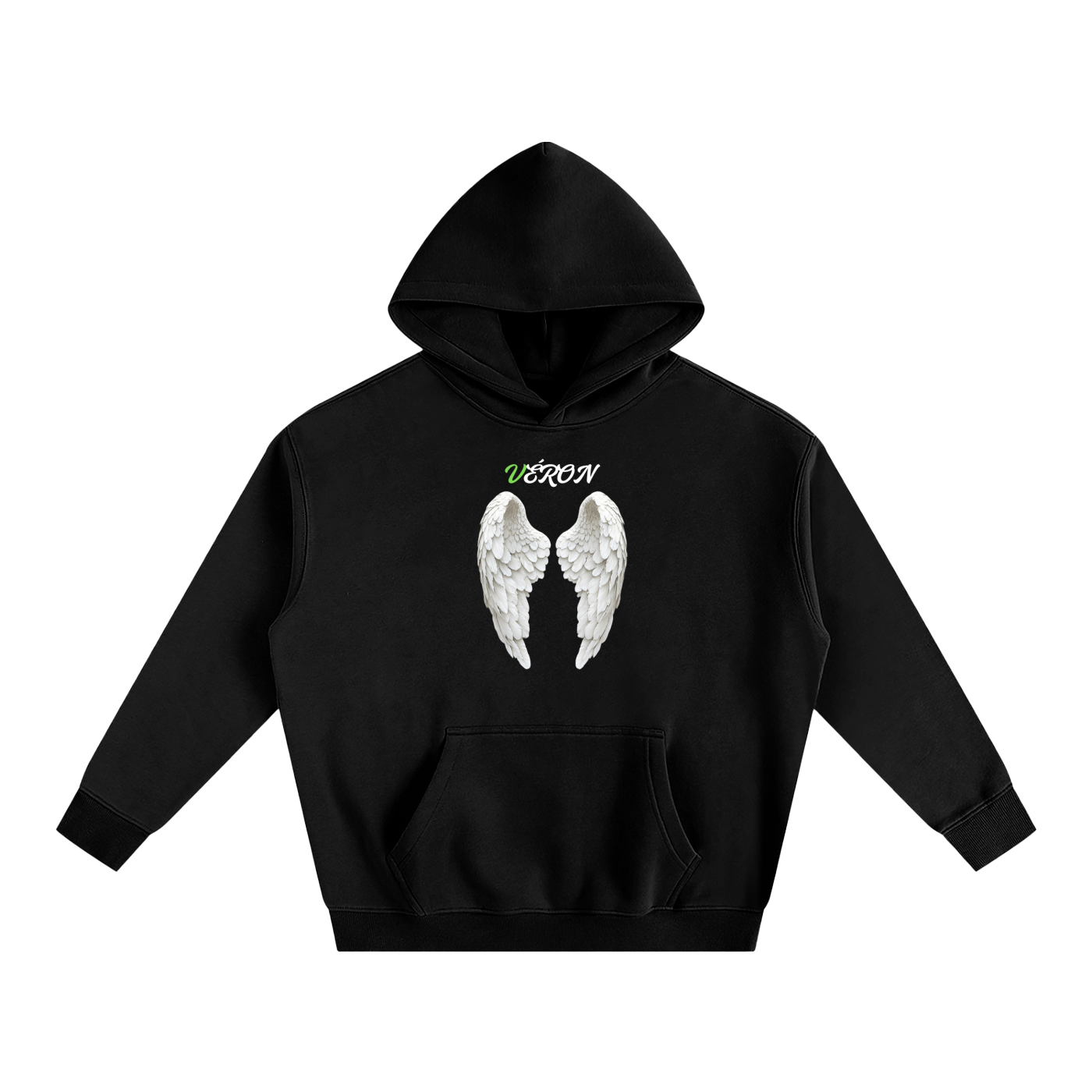 Black hoodie with angel wings and text on a white background