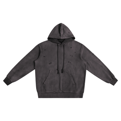 Black hoodie with distressed details on a white background