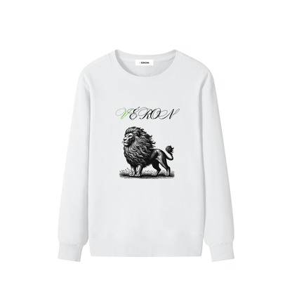 White long-sleeve shirt with a lion graphic and 'VERON' text on a white background