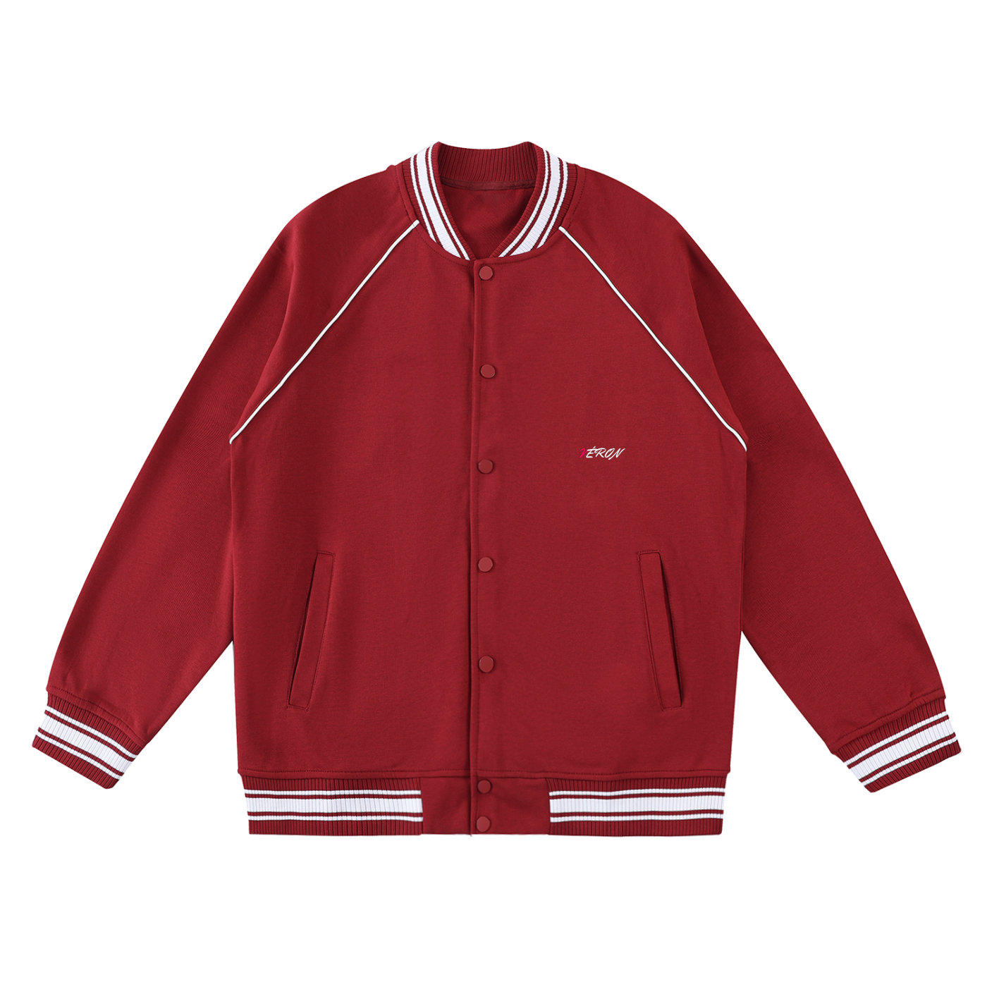 VERON Red Varsityjacket with white accents on a white background