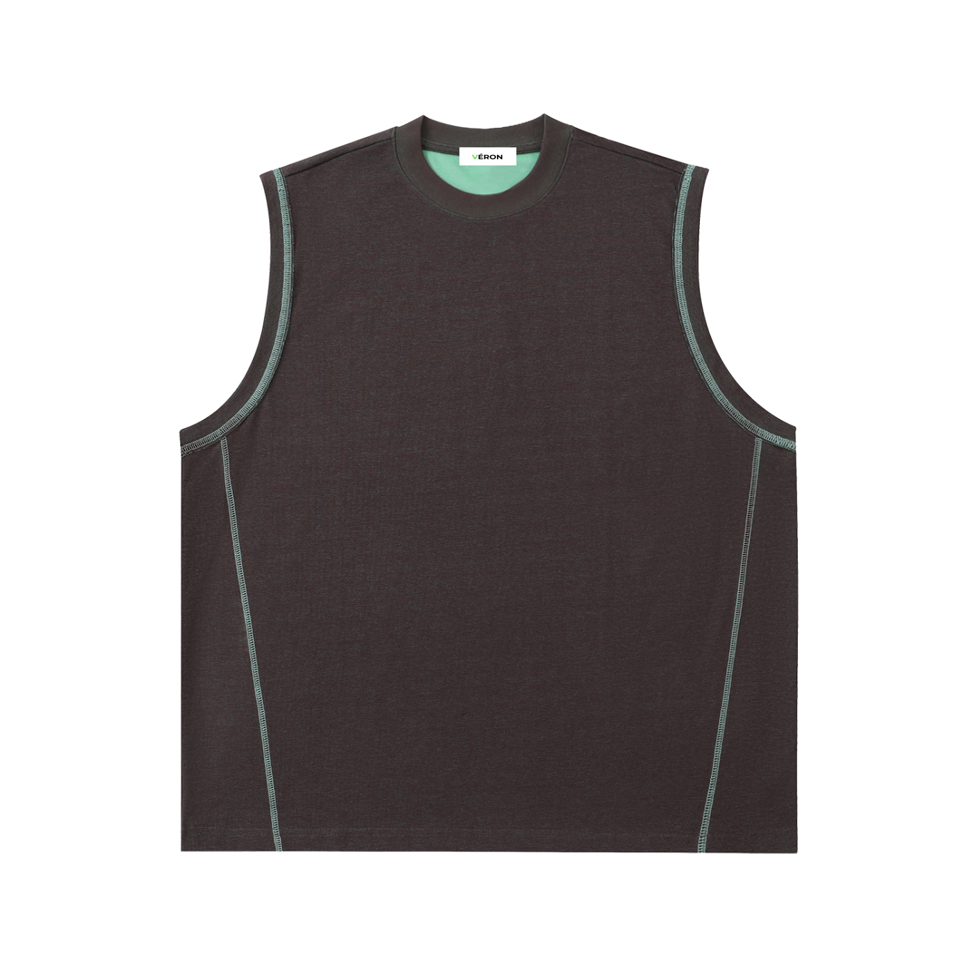 Black sleeveless shirt with green accents on a white background
