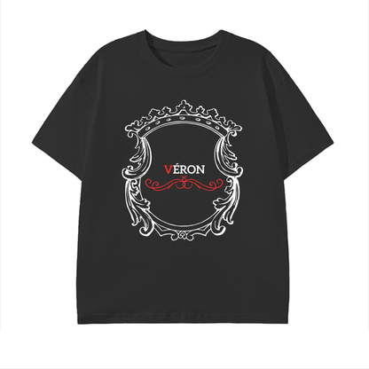 Black t-shirt with decorative graphic and 'VERON' text on a white background