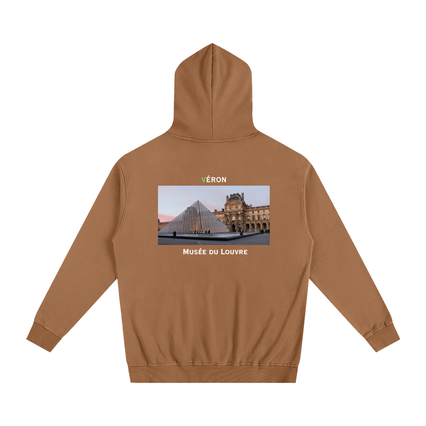 Brown hoodie with a graphic of the Louvre Museum on the back, displayed on a white background.