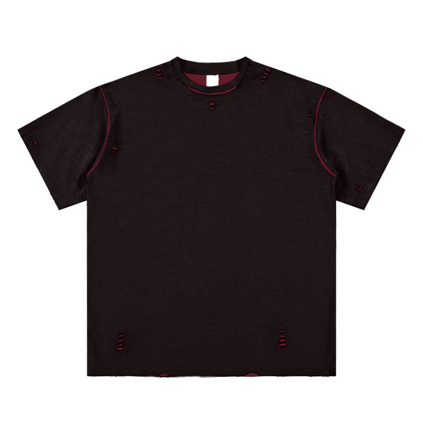 Black t-shirt with red accents on a white background