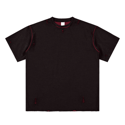Black t-shirt with red accents on a white background