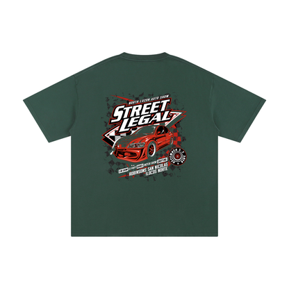 Green t-shirt with 'Street Legal' car graphic on a white background