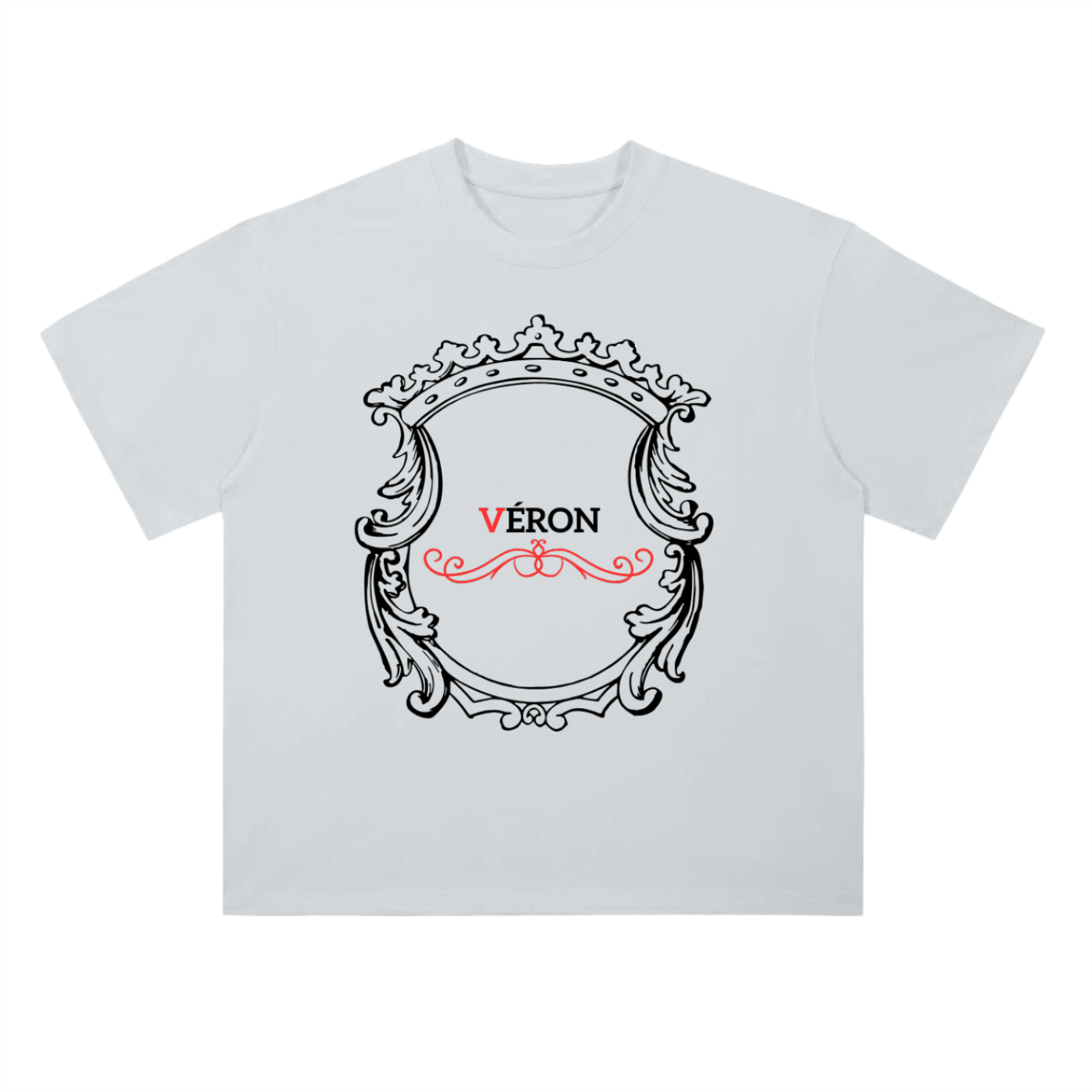 Gray t-shirt with decorative frame and 'Véron' text on a white background