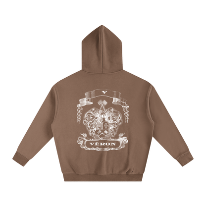 Brown hoodie with a white emblem and 'VERON' text on the back against a white background