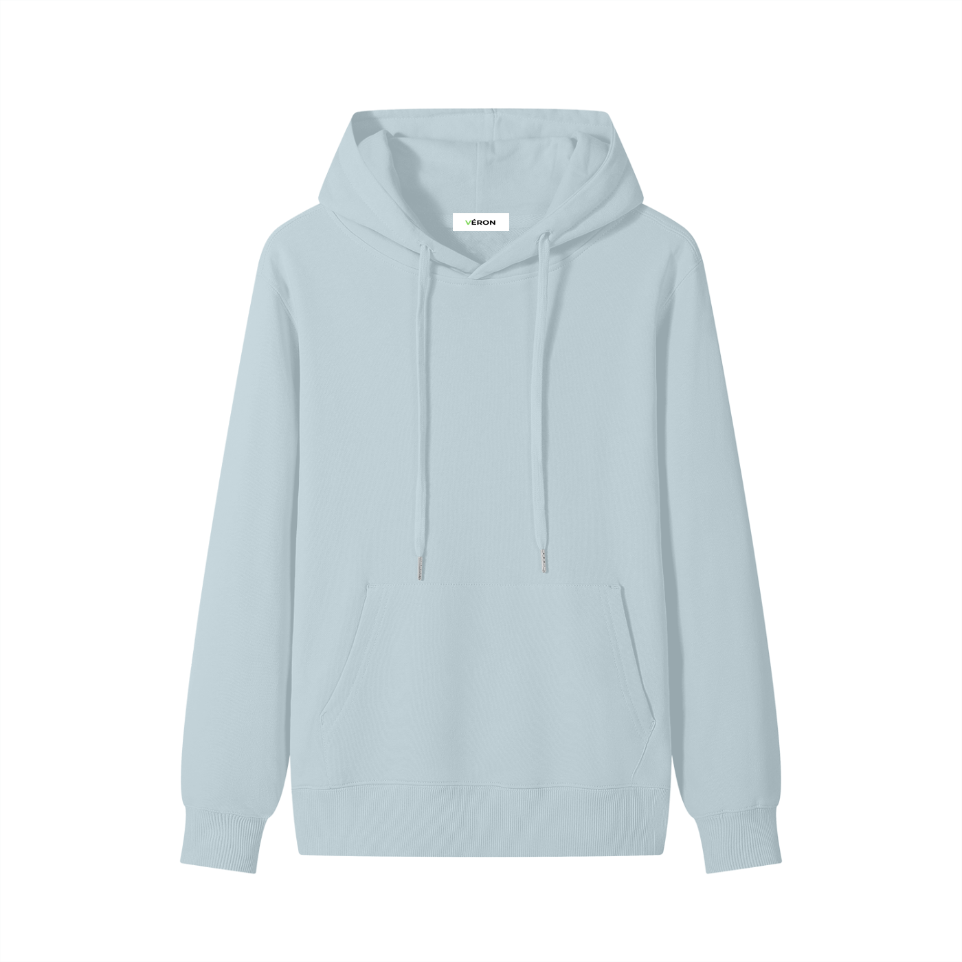 Light blue hoodie with a brand label on a white background