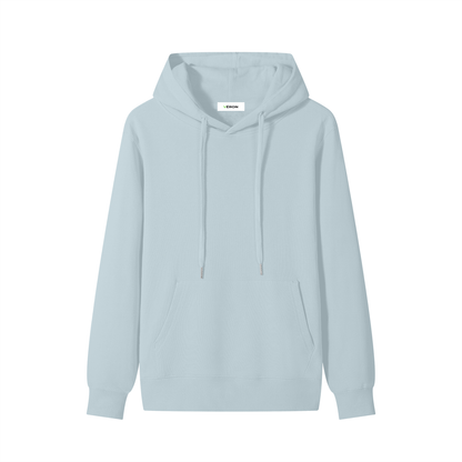 Light blue hoodie with a brand label on a white background
