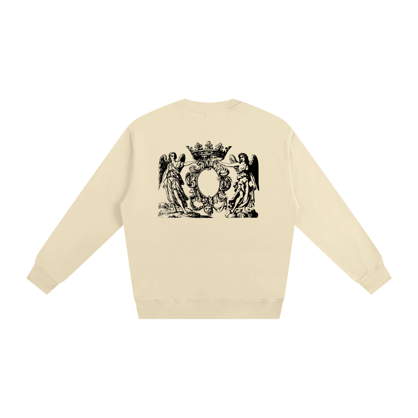 Beige sweatshirt with black graphic design on the back against a white background