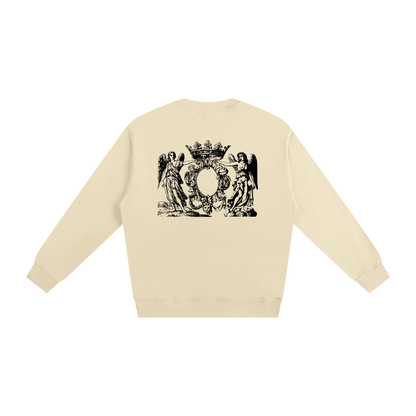 Beige sweatshirt with black graphic design on the back against a white background