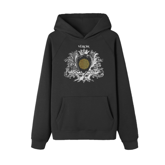 Black hoodie with decorative design and 'VÉRON' branding on a white background