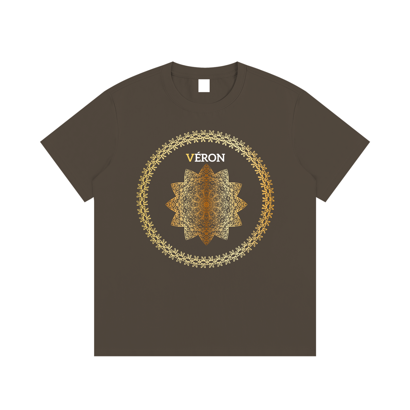 Brown t-shirt with decorative design and 'VERON' text on a white background