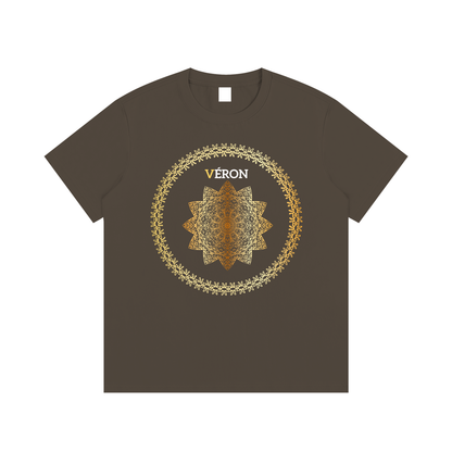 Brown t-shirt with decorative design and 'VERON' text on a white background