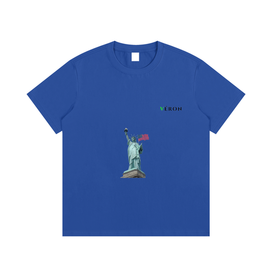 Blue t-shirt with Statue of Liberty graphic and 'VERON' branding on a white background