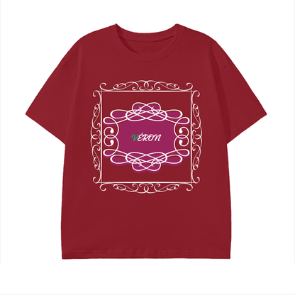 VERON Red t-shirt with decorative design and text on a white background