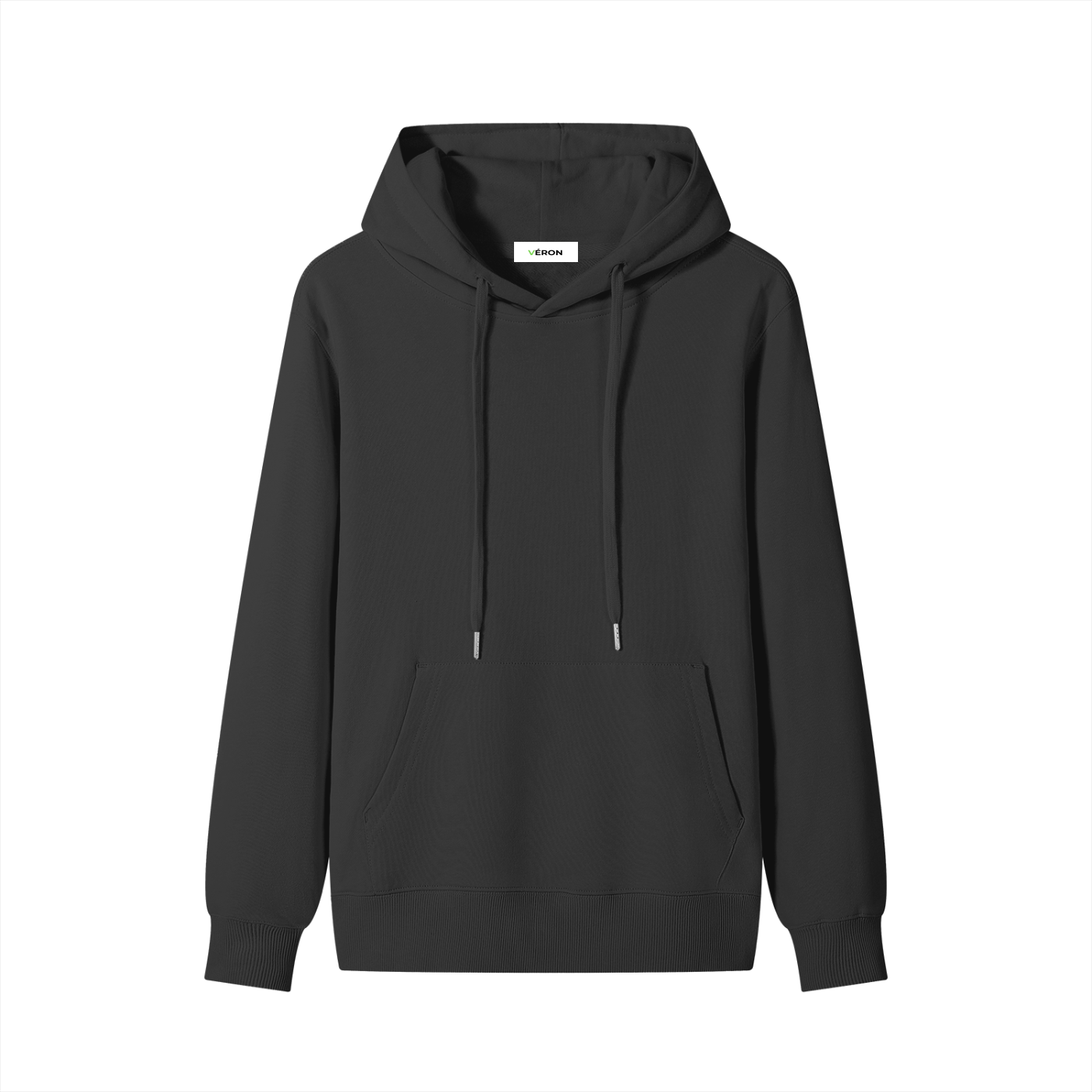 Black hoodie with a brand logo on a white background