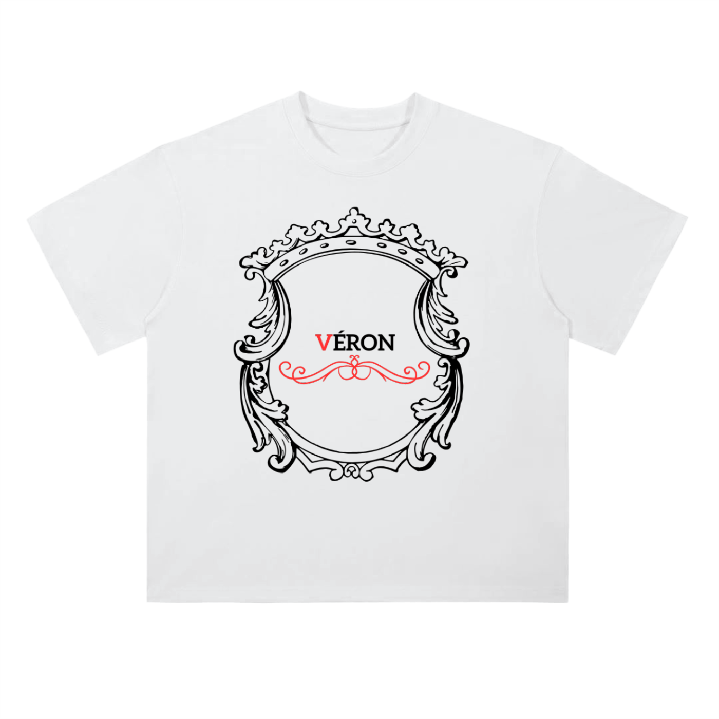 White t-shirt with decorative frame and 'VERON' text on a white background