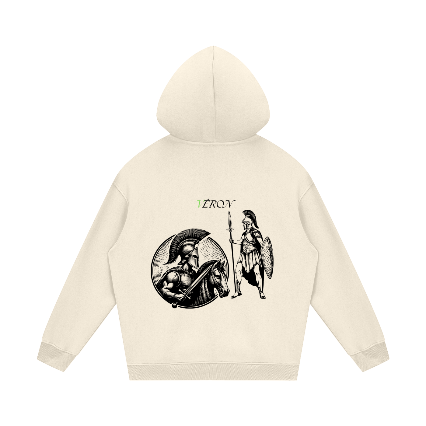 VERON Beige hoodie with graphic designs on the back on a white background