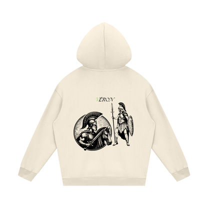 VERON Beige hoodie with graphic designs on the back on a white background