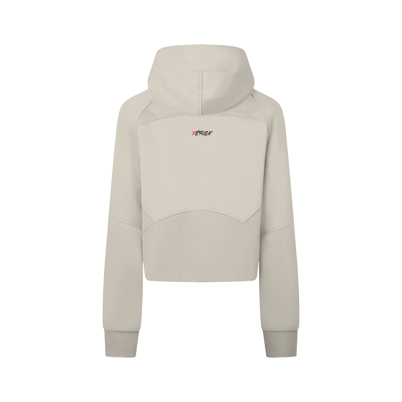 Beige hoodie with a brand logo on the chest against a white background