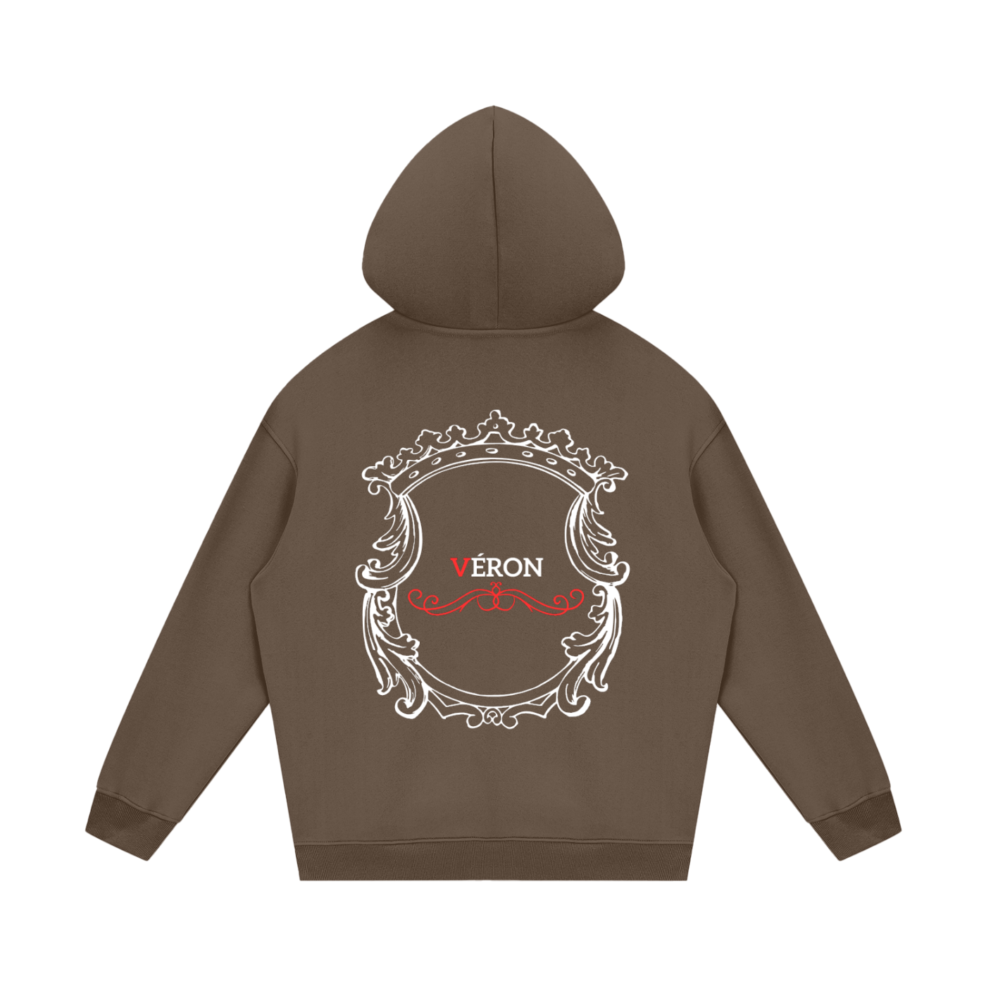 Brown hoodie with decorative back design and 'VERON' text on a white background
