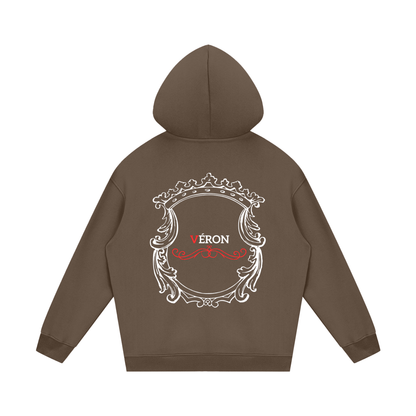 Brown hoodie with decorative back design and 'VERON' text on a white background
